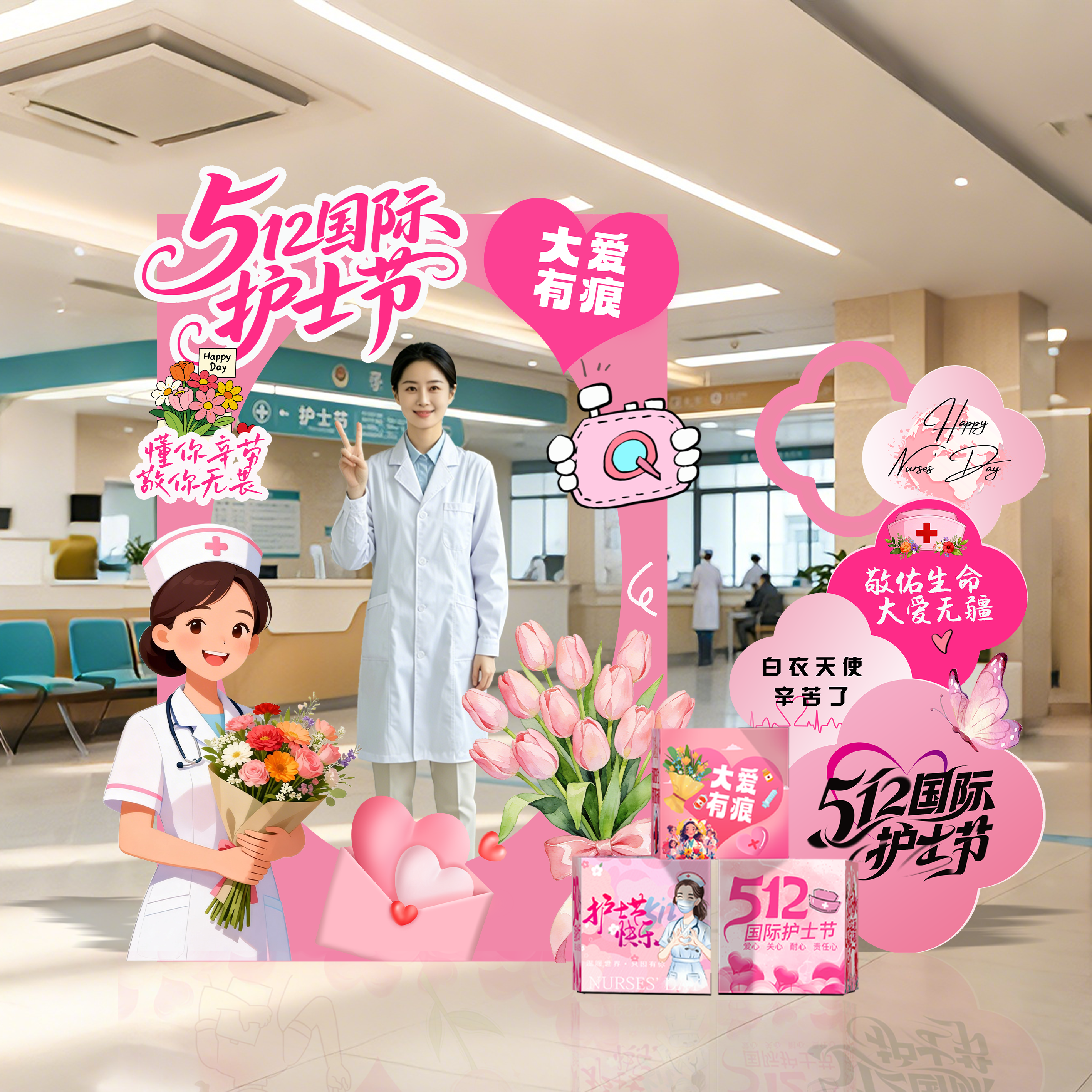 512护士节装饰场景氛围布置打卡签名背景墙医院诊所科室装扮kt板