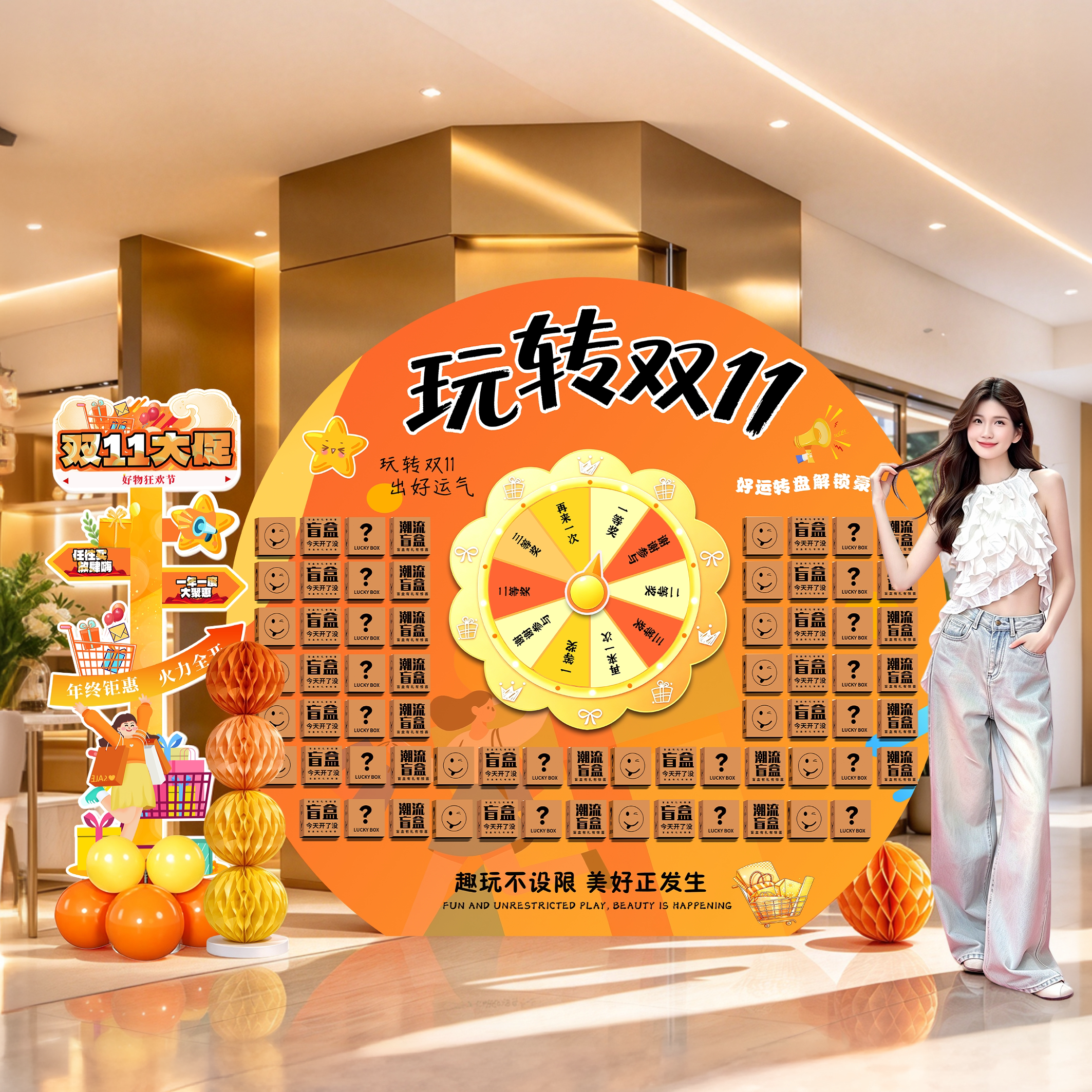 双十一幸运转盘抽奖游道具kt板氛围装饰店铺双11拆盲盒活动布置品