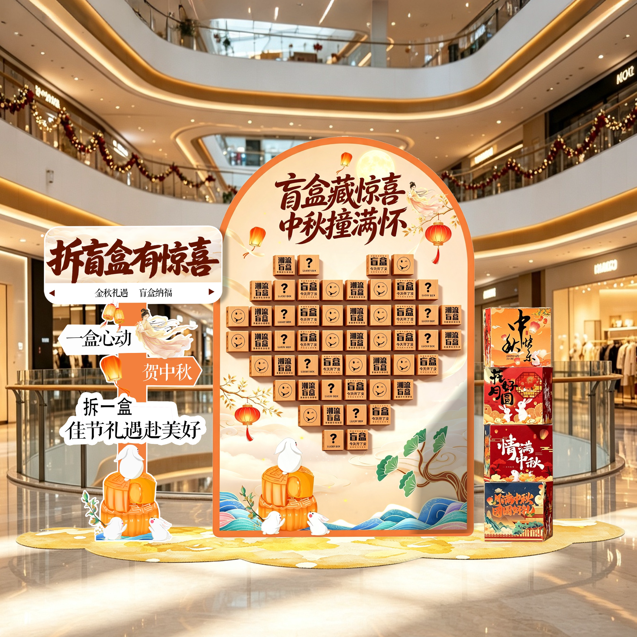 2026中秋节氛围布置气场景装饰国庆节活动店铺盲盒抽奖背景墙kt板