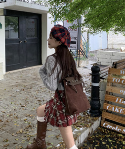 实拍实价麻花短款甜辣少女早秋毛衣开衫+格子百褶裙短裙