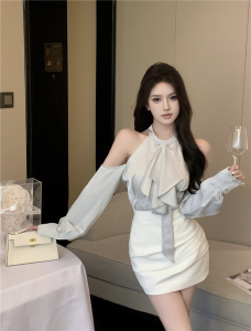 实价实拍~收腰一绝 不规则露肩挂脖缎面衬衣女显瘦褶皱包臀半身裙