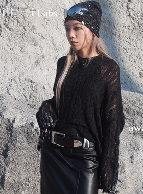 Metal朋克甜酷设计感金属拼接错针流苏毛边镂空针织衫套头