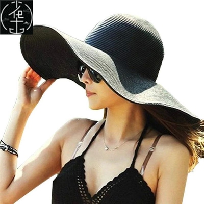 Ladies Fashion Hawaii Summer Beach Floppy Black Straw Hat