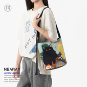 尼睿新款 原创小煤球 下午茶文艺休闲水桶包大容量日常帆布包Z054