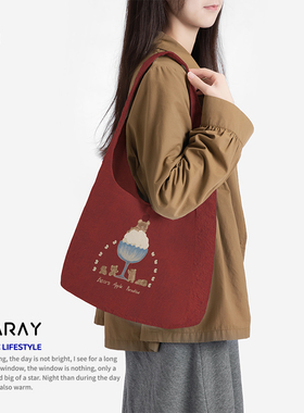 复古红色可爱小熊帆布包大容量学生通勤休闲单肩包包女生礼物Q353