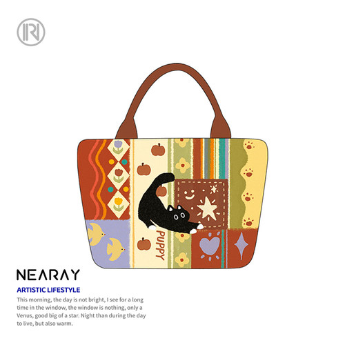 尼睿可爱文艺拼贴小猫手提包