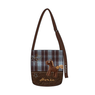 尼睿新款 格纹斜挎水桶包可爱小马单肩包包日常通勤百搭帆布包Z086