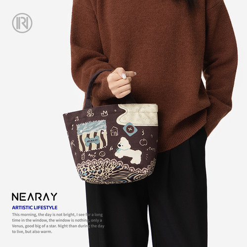 尼睿复古小狗帆布手提包