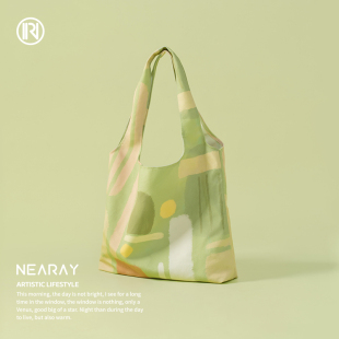 尼睿新款 原创帆布包绿色清新大容量帆布包复古文艺油画度假包包W