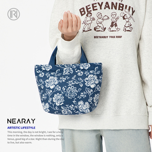 尼睿复古蓝色碎花帆布手提包小众设计感日常出街百搭手拎包Q323