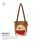 尼睿新款 围脖小狗单肩包女复古百搭水桶包大容量通勤帆布包礼物AS