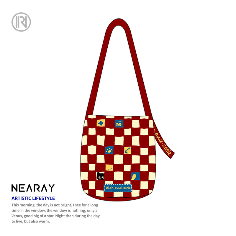 尼睿原创复古红色格纹小猫水桶包时尚百搭单肩斜挎帆布包女Q268,箱包皮具/热销女包/男包,时尚帆布包,淘宝优惠券,粉丝福利购,淘宝优惠卷