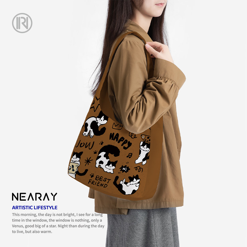 可爱猫咪单肩包女小众设计感帆布包复古轻便百搭大容量帆布袋AE12,箱包皮具/热销女包/男包,通用款女包,淘宝优惠券,粉丝福利购,淘宝优惠卷