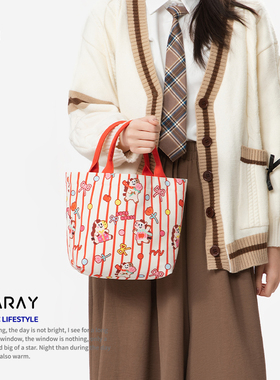 尼睿马年新款红色条纹可爱印花帆布包通勤外出便携手拎包包女Q325