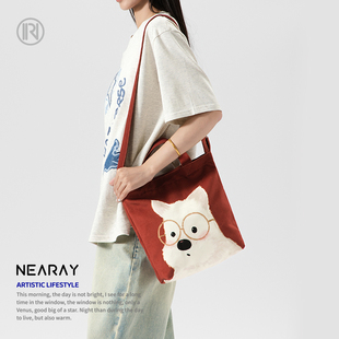 尼睿2025新款 红色帆布包可爱小狗手拎斜挎包通勤百搭单肩包女AS