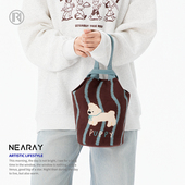 尼睿冬季 新款 手提包可爱小狗手拎帆布包通勤休闲水桶包妈咪包女AC