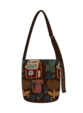 尼睿新款原创棕色童年时尚百搭水桶包小众休闲单肩帆布包女Z070