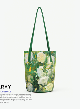 尼睿原创绿色森系桔梗花水桶包文艺休闲品质帆布包简约单肩包包AC