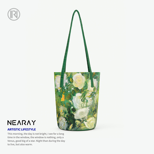 尼睿原创绿色森系桔梗花水桶包文艺休闲品质帆布包简约单肩包包AC