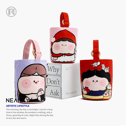 尼睿可爱插画手提木环水桶包