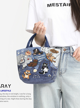 尼睿新款原创可爱狗狗手提小包牛仔印花时尚复古百搭帆布包Q186