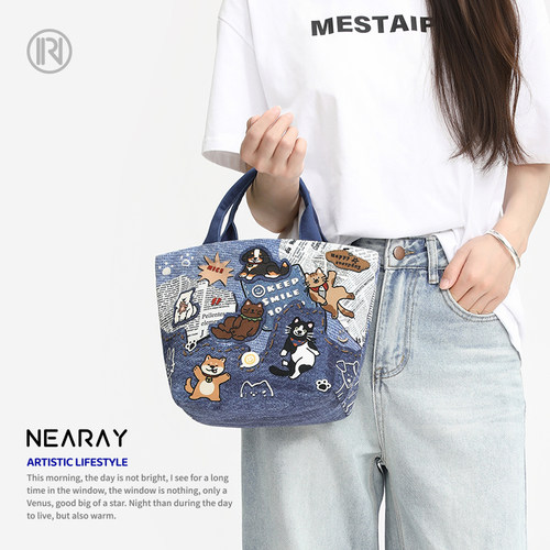 尼睿牛仔印花狗狗可爱百搭帆布包