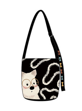 尼睿设计师原创厚涂眼镜小狗椭圆底飘带水桶包百搭单肩小众包包AC