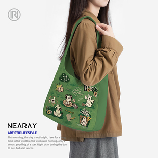 尼睿春季 绿色包包女大容量单肩包原创可爱狗狗通勤帆布包Q205 新款