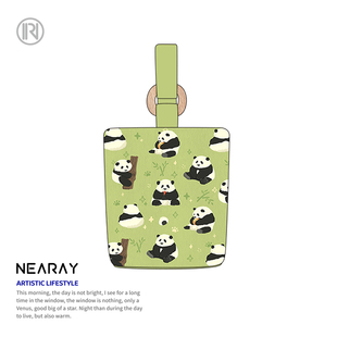 尼睿x比菜菜 帆布包绿色清新手提包可爱熊猫插画水桶包女礼物 新款