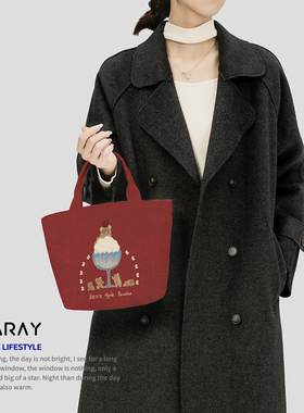 红色复古手提包可爱小熊帆布包小众设计感百搭手拎小包带拉链Q353