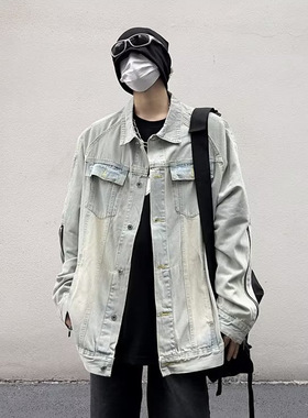 万同学水洗做旧拉链设计牛仔衣高街复古帅气工装外套秋季青年夹克
