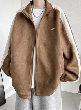 万同学拼色麂皮绒立领运动外套男美式休闲学生帅气夹克秋季情侣服