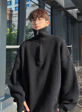 万同学青年拉链设计高龄毛衣港风保暖套头针织衫冬季宽松情侣线衣