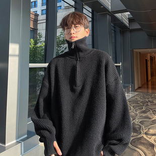 万同学青年拉链设计高龄毛衣港风保暖套头针织衫冬季宽松情侣线衣