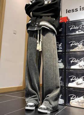 万同学美式高街复古水洗休闲裤个性麻绳松紧长裤秋季男士直筒裤潮