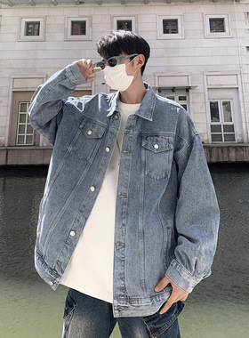 万同学高街美式复古牛仔衣夹克男2023秋季新款宽松纯色潮牌外套男