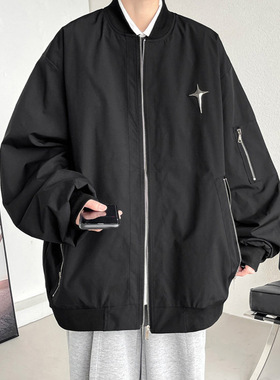 万同学十字架徽章立领棒球服情侣休闲开衫工装上衣秋季男防水外套