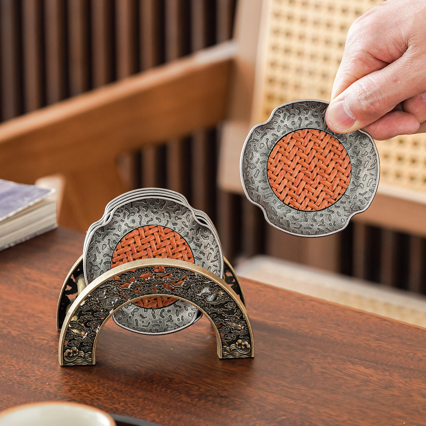 远舍中式锌合金藤席茶杯垫轻奢高级感茶垫隔热垫防烫耐高温茶杯托,餐饮具,杯垫,淘宝优惠券,粉丝福利购,淘宝优惠卷