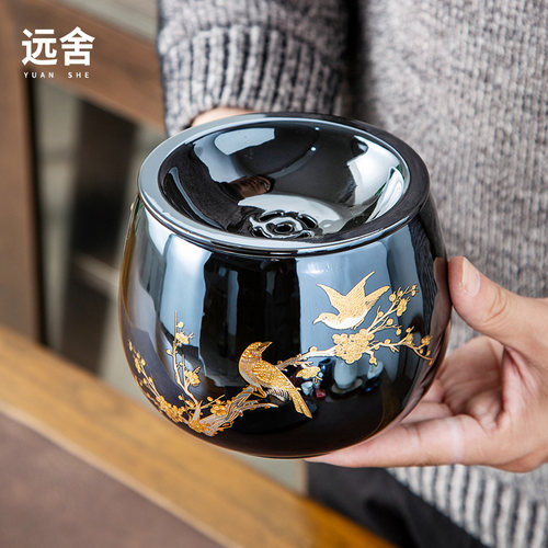 远舍黑金釉陶瓷建水日式茶洗杯洗茶盂废水茶渣缸家用茶道配件渣斗