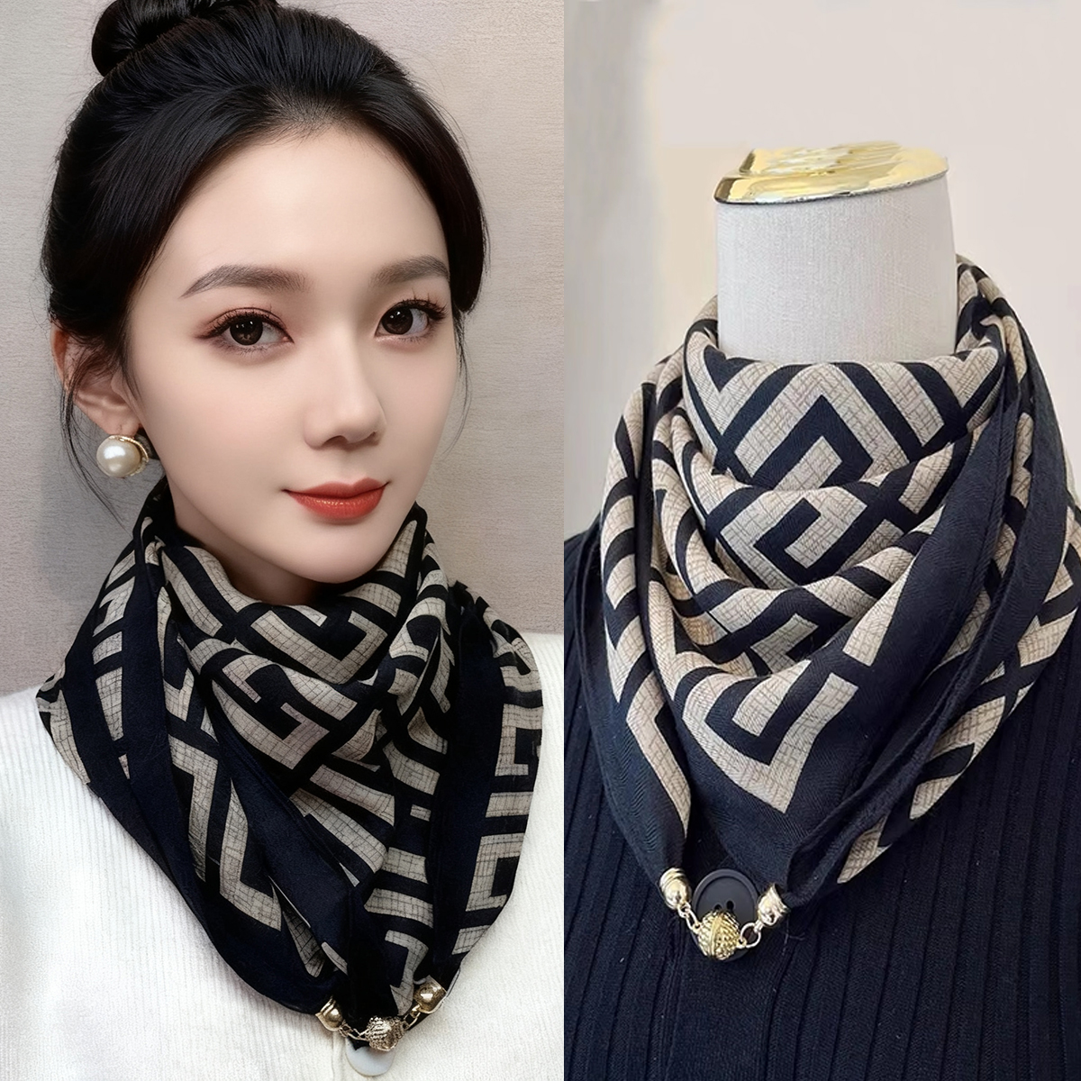 2025新款磁吸扣小丝巾女薄款方巾秋冬季三角围巾围脖时尚百搭护颈
