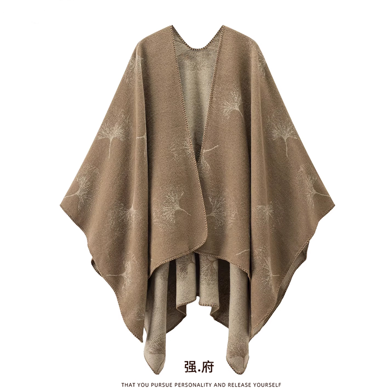 新中式银杏叶针织斗篷披肩女外搭配裙子2025新款围巾早秋外套上衣