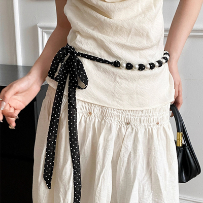 法式珍珠腰带装饰女配裙子高级感细长条丝巾气质腰链绑发带配饰潮