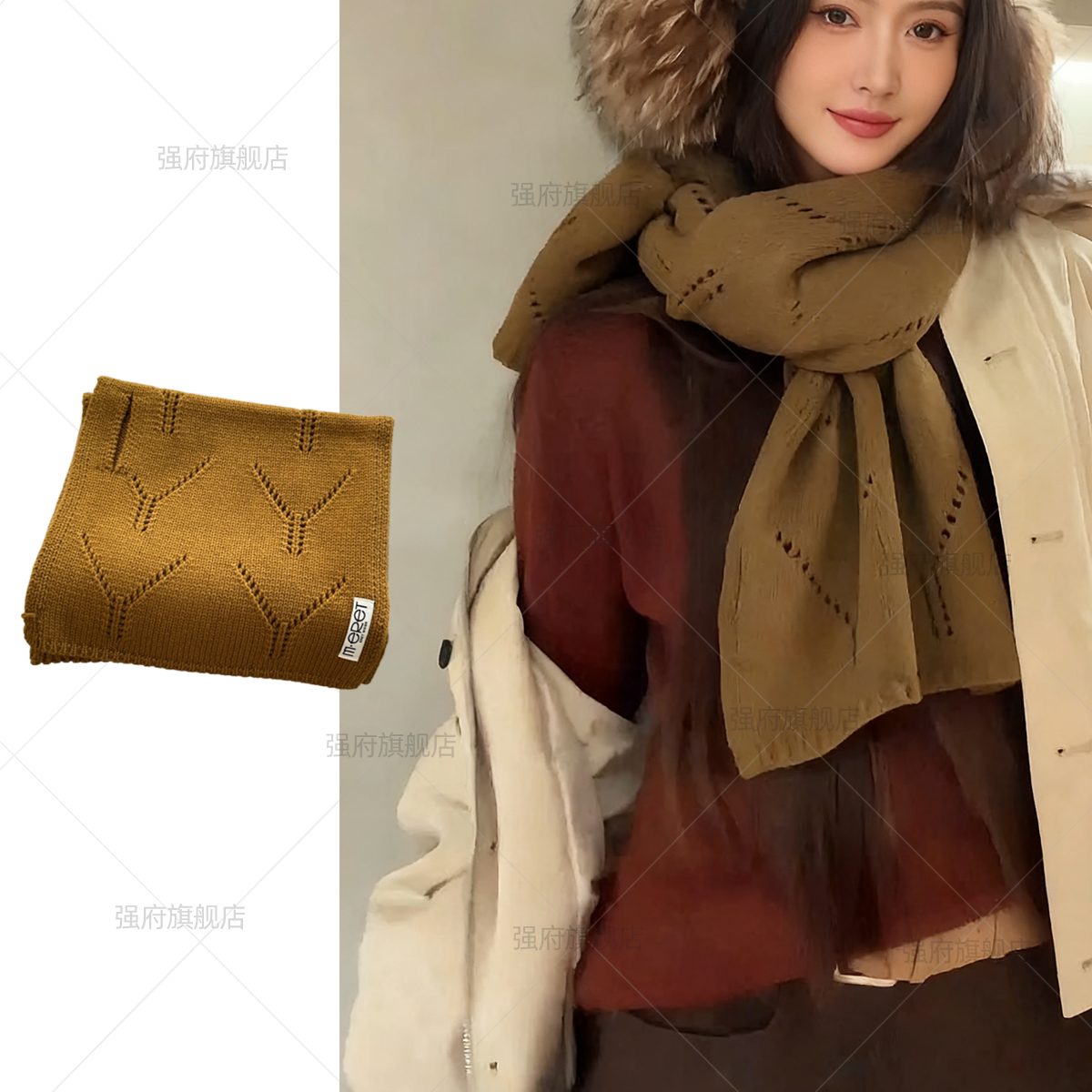 2025新款羊毛～韩系镂空纽扣纯色针织围巾女秋冬保暖时髦护颈围脖