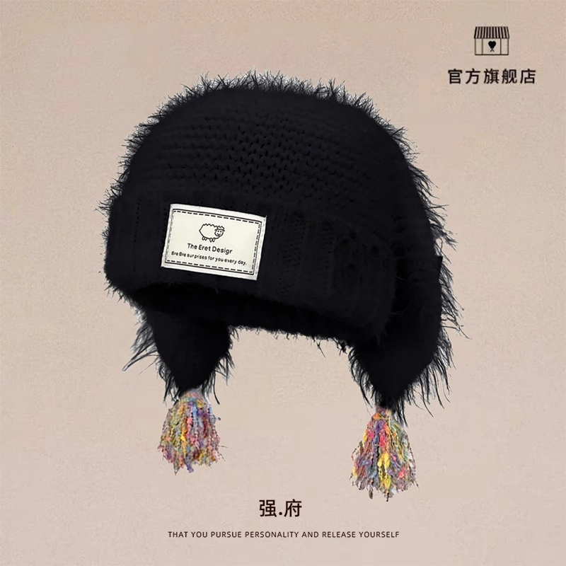 2025新款可爱兔耳朵毛线帽子女秋冬保暖百搭仿兔毛彩色流苏针织帽