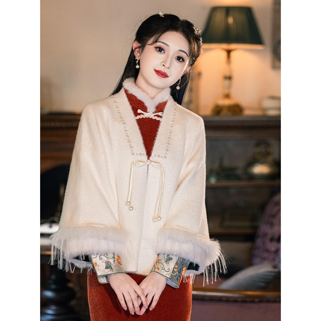 白色旗袍披肩外套敬酒服新娘订婚礼服裙外搭新中式秋冬季保暖披风