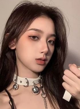 choker铃铛项圈女颈带黑色PU皮颈链锁骨链男链条链子项链脖子