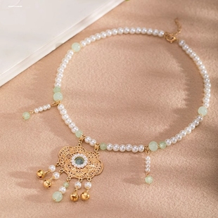 汉服璎珞马面裙配饰古风儿童项链吊坠复古仿珍珠链如意锁长流苏