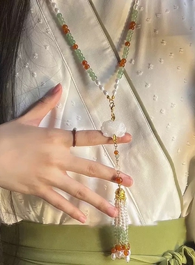 新中式莲花璎珞马面裙配饰长背云流苏古风汉服软璎珞压襟毛衣项链