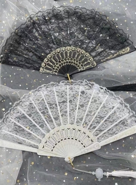 日系洛丽塔lolita黑色白色透明金色蕾丝复古搭配洋装lo裙扇子折扇