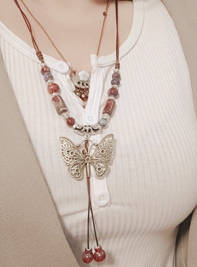 y2k复古蝴蝶吊坠项链皮绳子项圈卫衣项链潮酷百搭项链短款